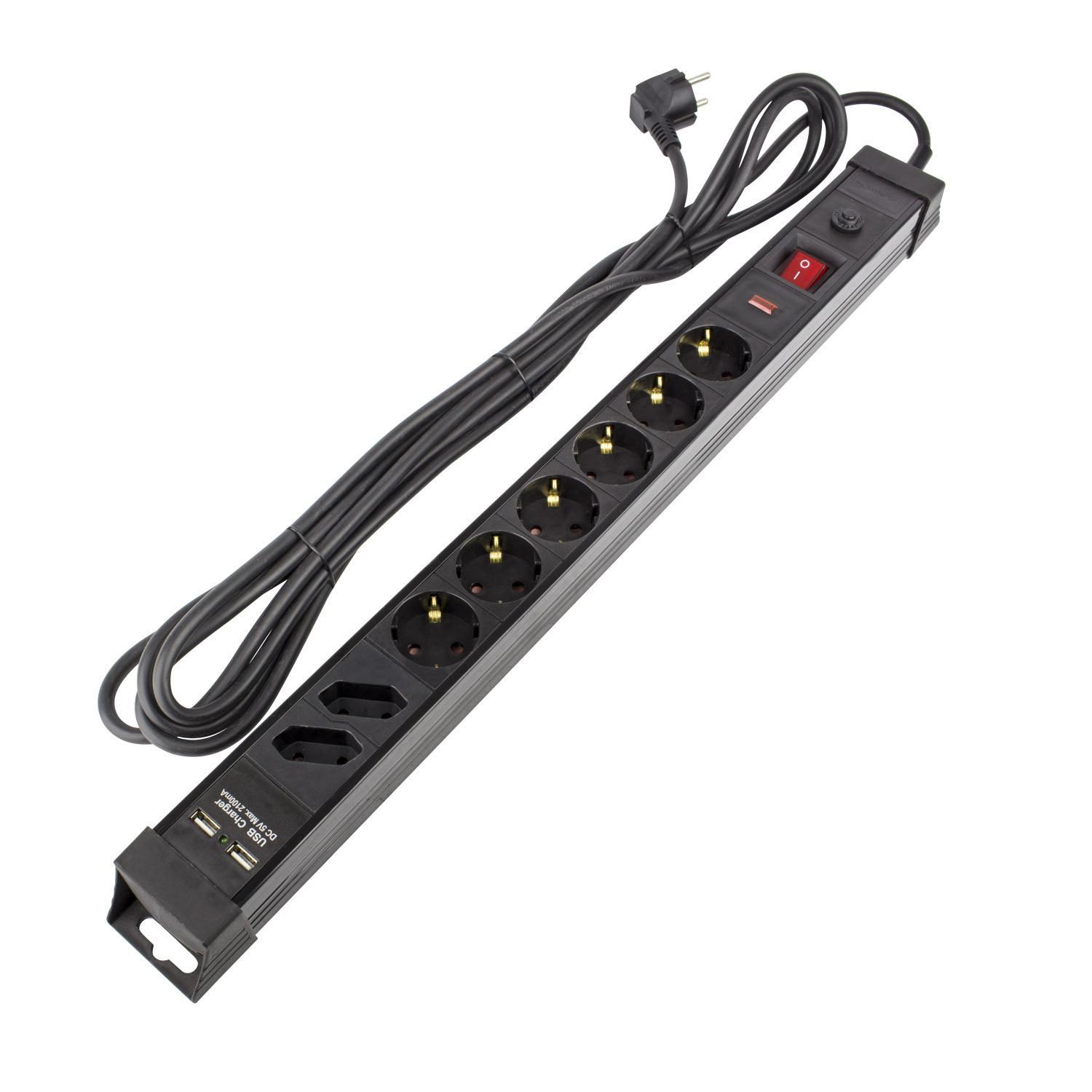 Przedłużacz Listwowy 6-Gniazdowy Typ F Schuko Ochrona Nadmiarowo-Prądowa + 2 enchufes Tipo C + 2xUSB 5m - widok szczegółowy