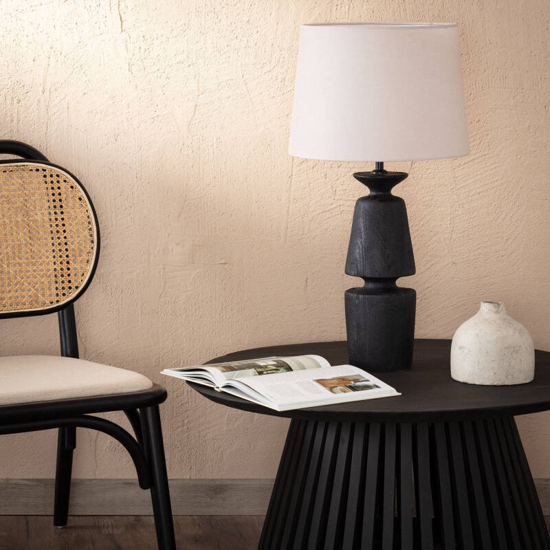 ILUZZIA Tischlampe Aus Mangoholz – Handgedreht, Mit Baumwollschirm, Höhe 60 Cm