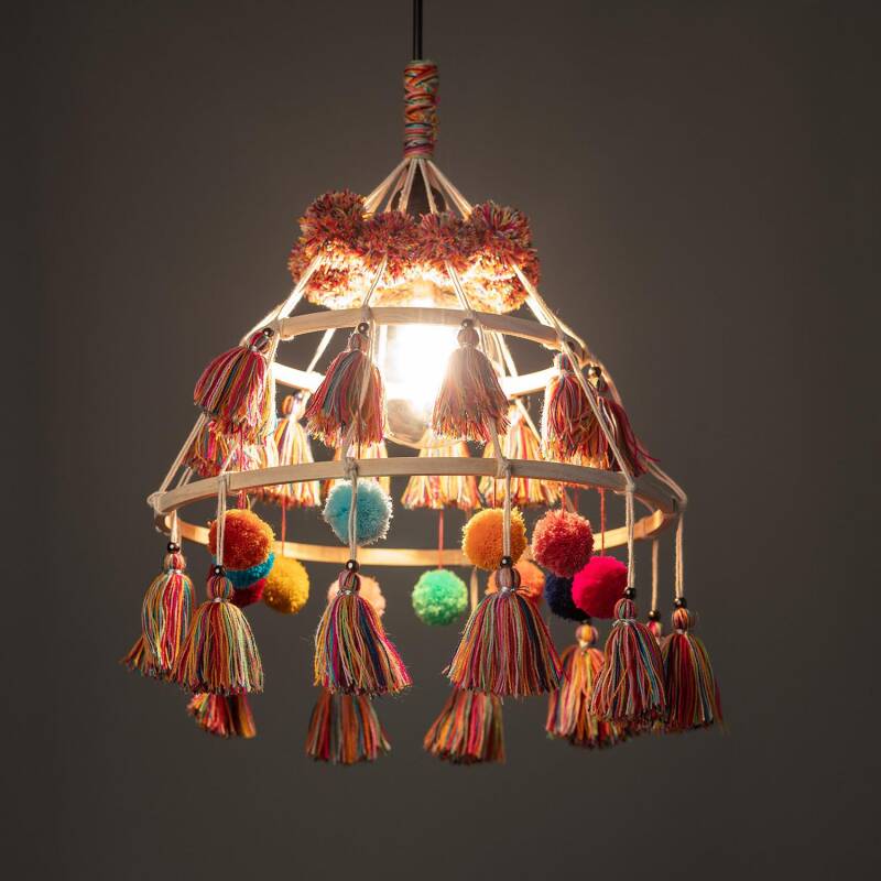 Image de Suspension Bois et Coton Pompon Cuzco 
