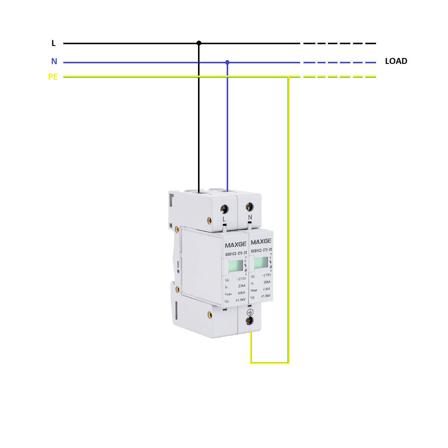 Bezpiecznik Przepięciowy Przejściowy MAXGE 2P-Klasa II-40kA-20kA-1,2kV  - parametry