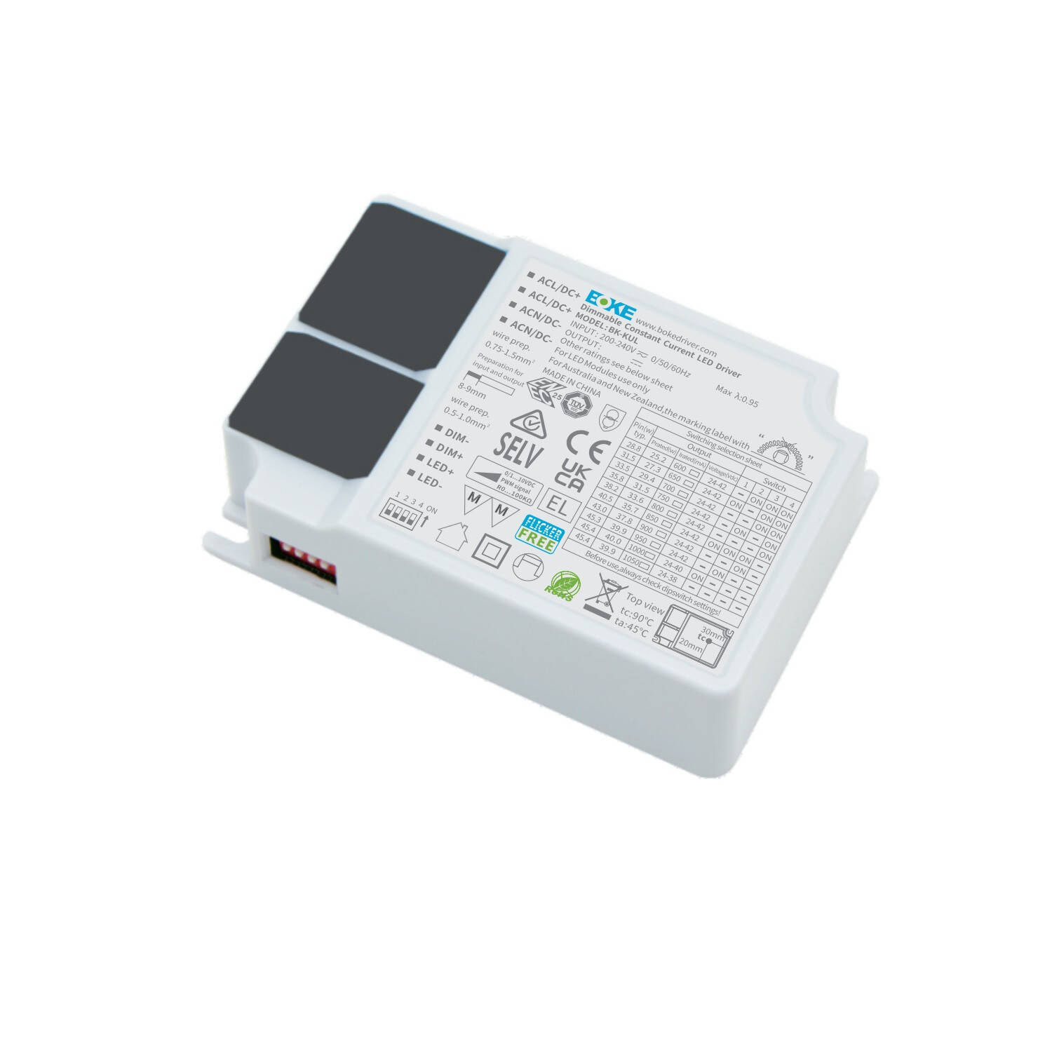 Transformator BOKE Regulowany 1-10V 200-240V No Flicker Wyjście 24-42V 1200-1650mA 50-63W BK-KUL060 - parametry