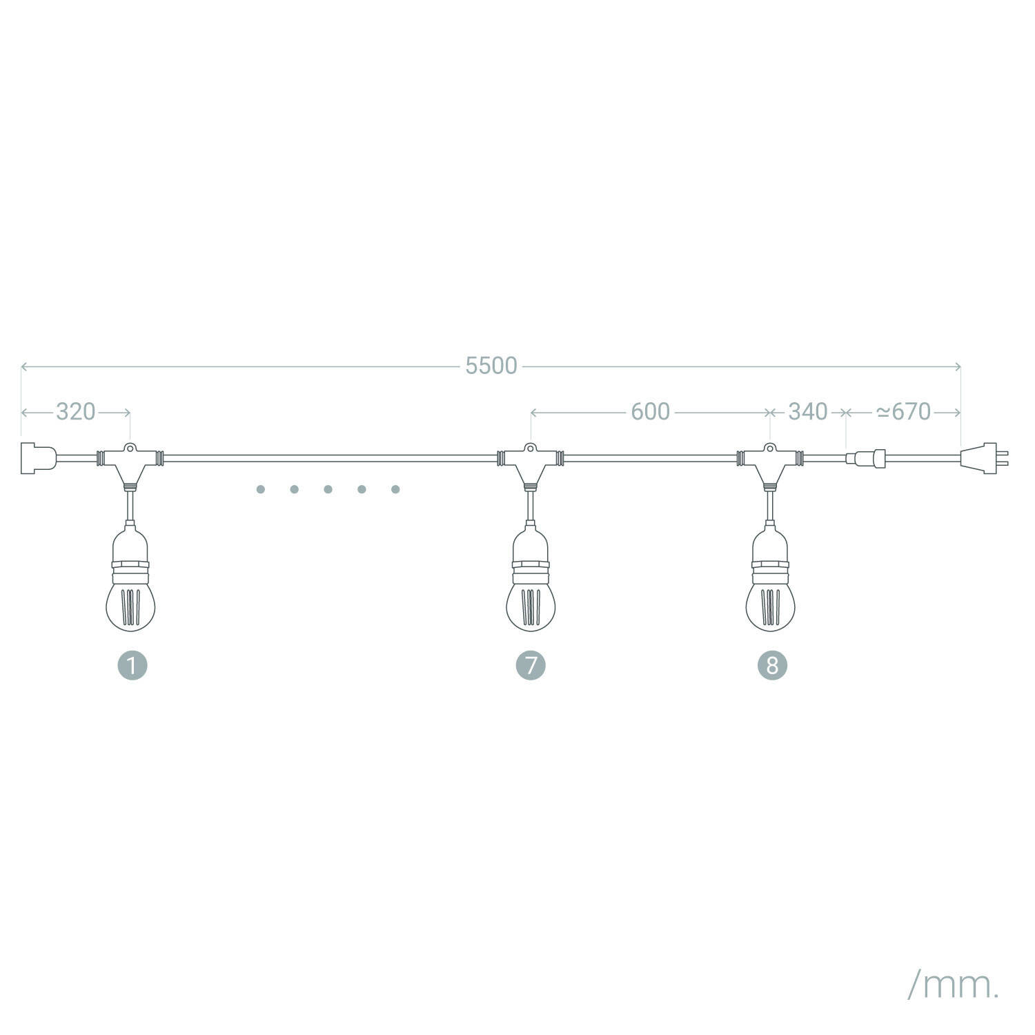 Zestaw Girlandy Waterproof 5.5m Czarnej + 8 Żarówek LED E27 G45 3W Kolorowych - widok 3