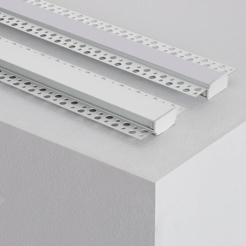 Produkt von Aluminiumprofil mit durchgehender Abdeckung in Gips/Pladur für doppelte LED Streifen bis 20 mm