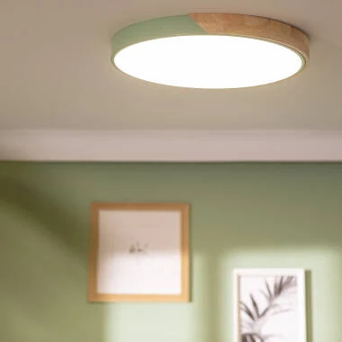 Immagine di Plafoniera LED Circolare da 36 W in Legno e Alluminio, Ø 500 mm, CCT Selezionabile, Semi-Dari