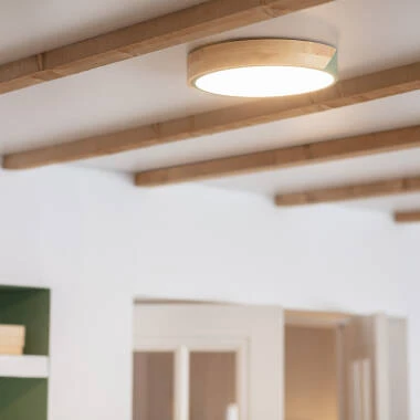 Plafoniera LED Circolare da 18 W in Legno e Alluminio, Ø 320 mm, CCT Selezionabile, Semi-Dari