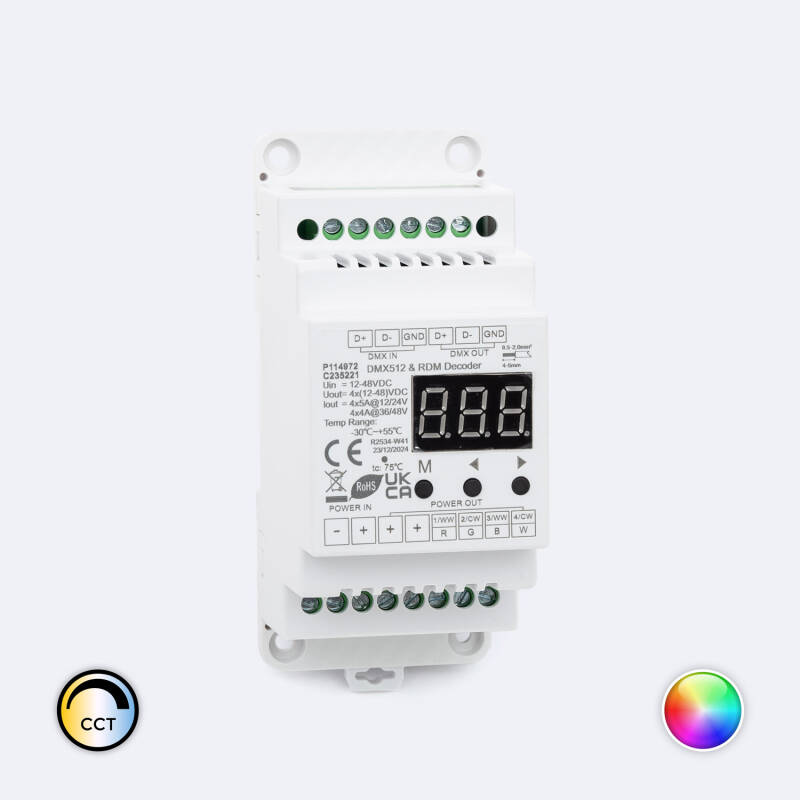 12-24V DC CCT/RGB/RGBW DMX512 & RDM Decoder DIN Rail 4 Channels - Ledkia