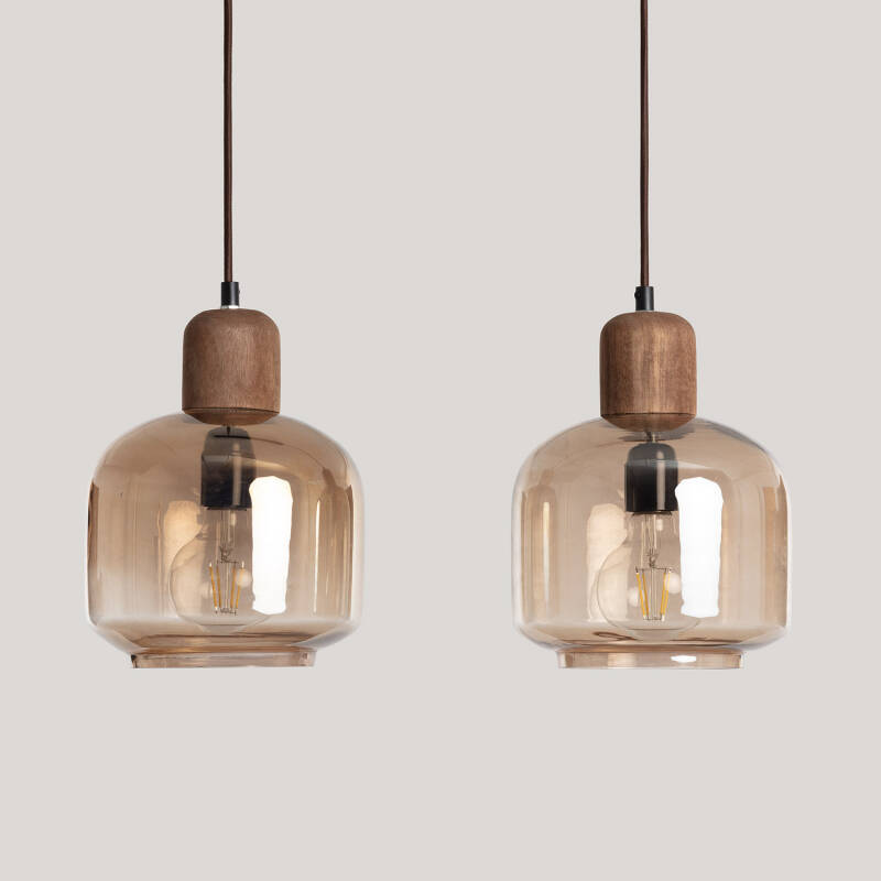 Afbeelding van Hanglamp Hout en Glas Amber Dallas 2 Spots