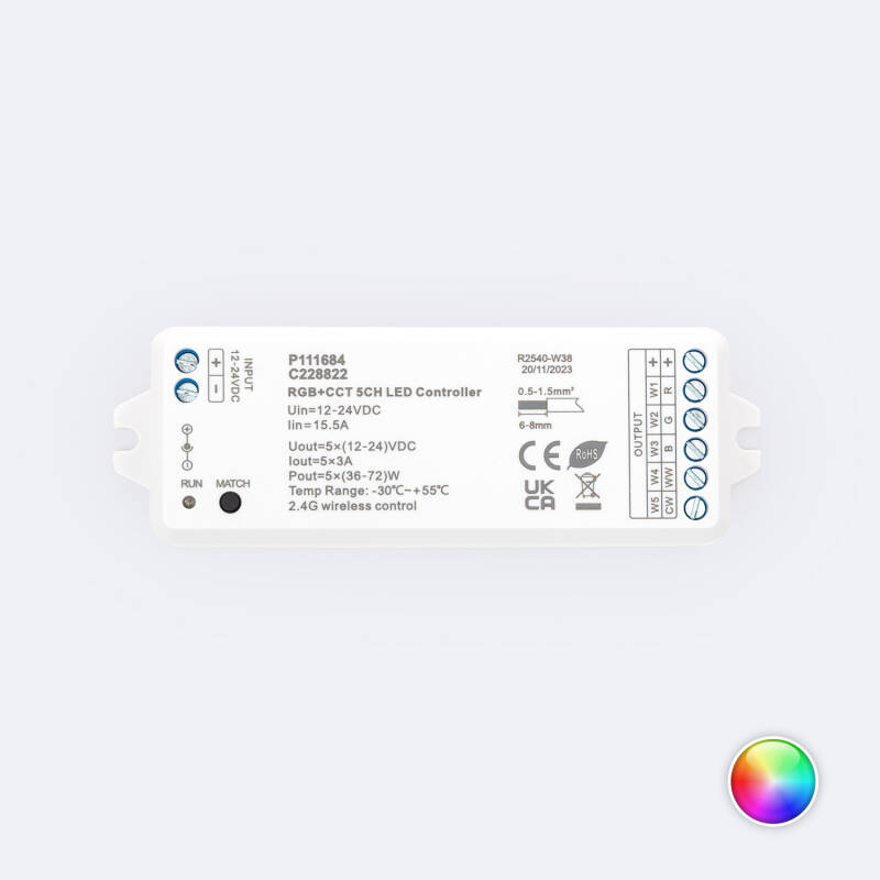 Image of LED Dimming Controller for 12/24V DC RGBWW LED Strips Compatible with RF Remote