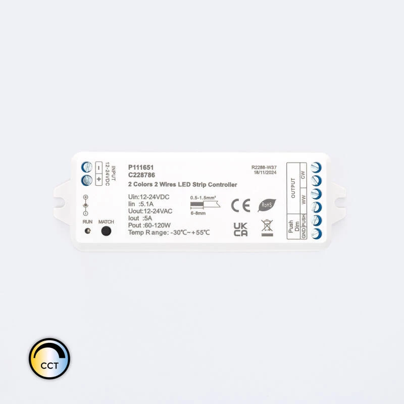 Bild von Controller Dimmer LED Streifen CCT 12/24V DC 2 Kanäle kompatibel mit Drucktaster und RF Fernbedienung