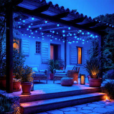 Bild von Set Girlande Waterproof 5.5m Schwarz + 8 LED-Glühbirnen E27 G45 3W Farbig