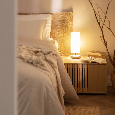 Tischlampe aus Holz und Stoff Roundi Haarle