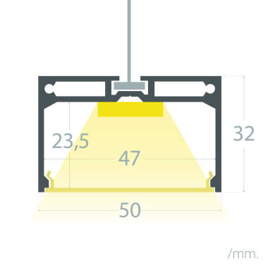 Profilo in Alluminio Grandi Dimensioni a Sospensione con Coperchio Continuo per Striscia LED fino a 45mm