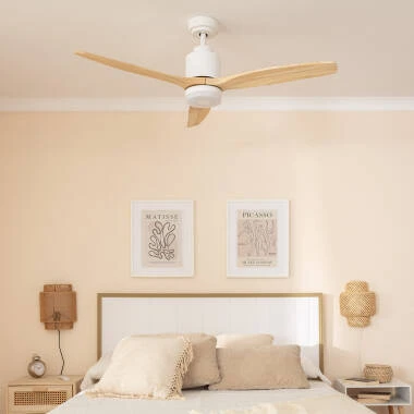 Bild von LED-Deckenventilator Aussen Mersin Weiss Holz 132cm Motor DC