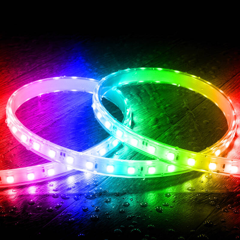 Afbeelding van LED Strip RGB  220V SMD 60 LED / m 9,5W / m Breedte 14,5 mm in te korten om de  100cm IP65 met Controller