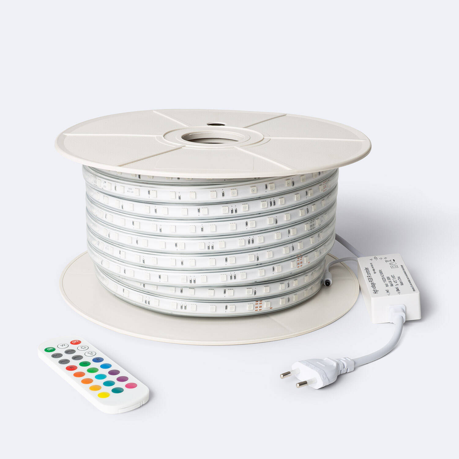 Szpula 50m Taśma LED RGB 220V SMD 60 LED/m 9.5W/m Szerokość 14.5mm Cięcie co 100cm IP65 z Pilotem - widok 2