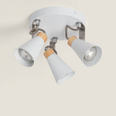 Plafonnier Rond Orientable Métal et Bois Mara 3 Spots
