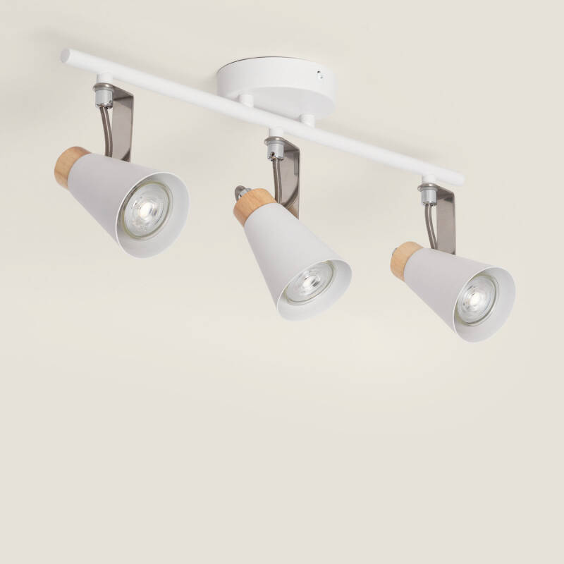 Lampada da Soffitto Orientabile in Metallo e Legno 3 Faretti Mara