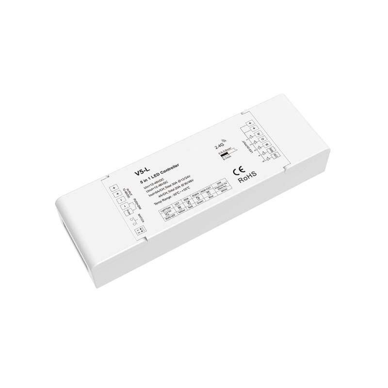 Image de Contrôleur Variateur Ruban LED Monochrome/CCT/RGB/RGBW/RGB+CCT 12/24/48V DC Bouton- Poussoir et Télécommande RF SKYDANCE V5-L