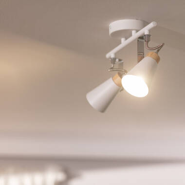 Lampada da Soffitto Orientabile in Metallo e Legno 2 Faretti Mara