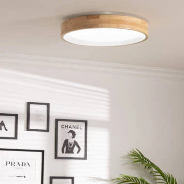 Plafoniera LED Circolare da 30 W in Legno e Alluminio Ø570 mm, CCT Selezionabile, Dari