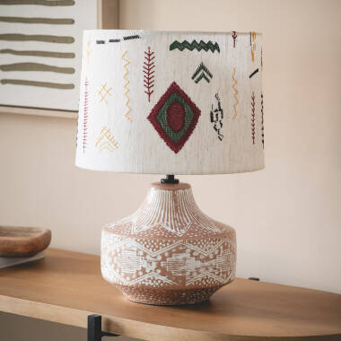 LED Tischlampe aus Stoff und Holz Agra