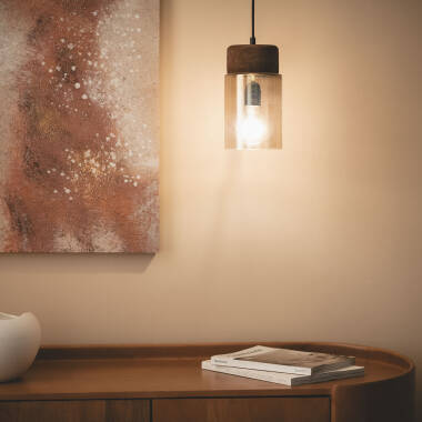 Image of Dallas S Amber Wood & Glass Pendant Lamp 