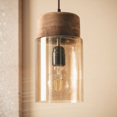 Image of Dallas S Amber Wood & Glass Pendant Lamp 