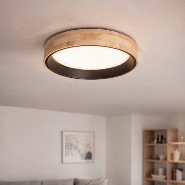 Plafoniera LED Circolare da 20 W in Legno e Alluminio Ø470 mm, CCT Selezionabile, Dari
