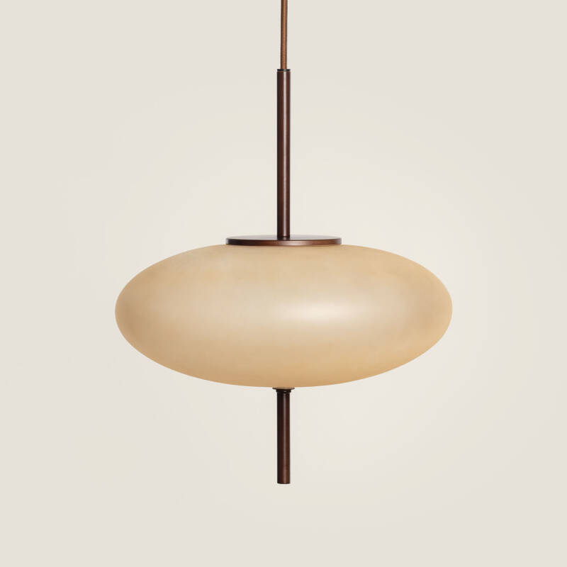 Immagine di Lampada a Sospensione Rotonda in Legno e Vetro Aiko
