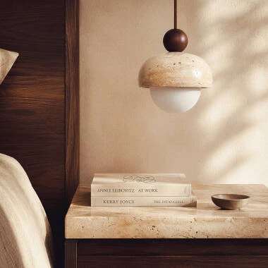 Lampada a Sospensione Rotonda Travertino e Legno Enzo