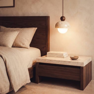 Bild von Pendelleuchte Rund Travertin und Holz Enzo