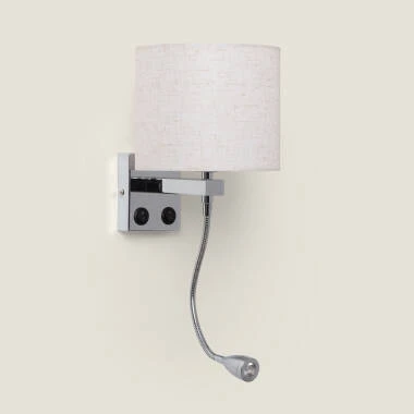 Wandlamp met metalen en linnen kap en leeslamp Ozu