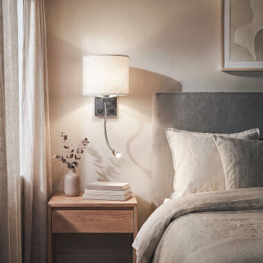 Afbeelding van Wandlamp met metalen en linnen kap en leeslamp Ozu