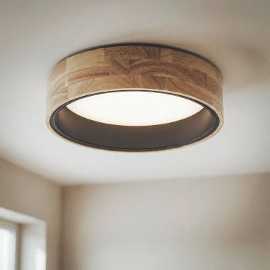 Plafoniera LED Circolare da 15 W in Legno e Alluminio, Ø 370 mm, CCT Selezionabile, Dari
