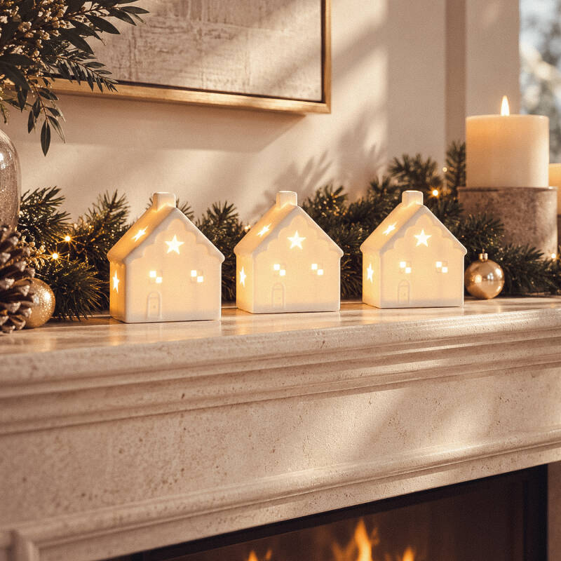 Pack di 3 Case Natalizie Decorative in Ceramica Ivoria con luci LED