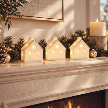 Pack de 3 Maisons de Noël Décoratives LED en Céramique Ivoria