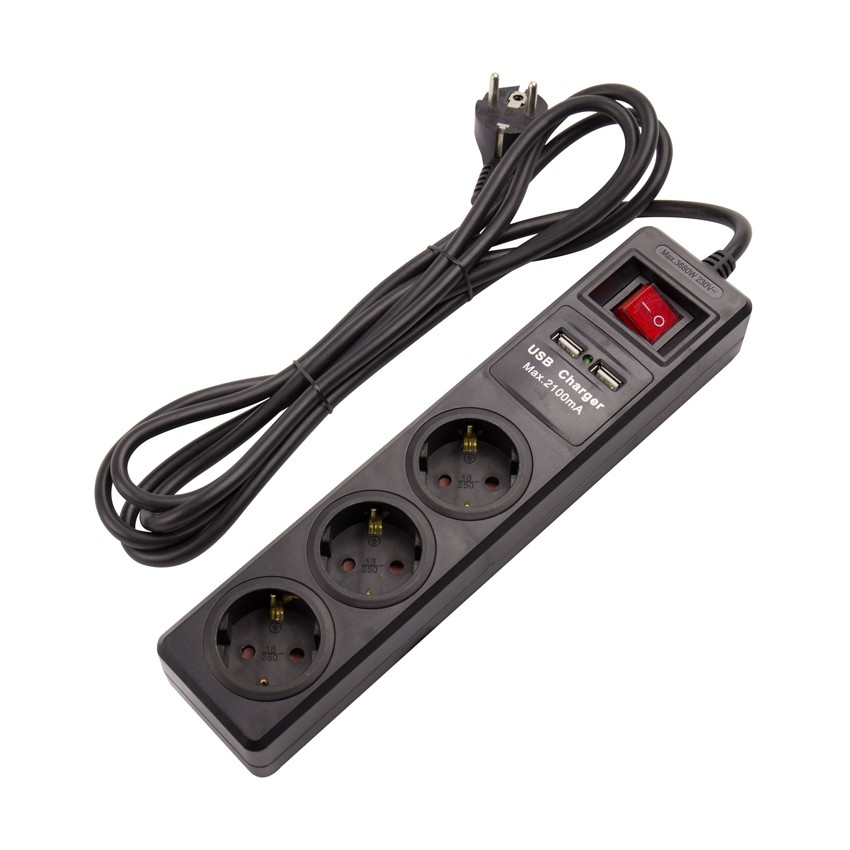 3m stekkerdoos met 3 stopcontacten + 2x USB poorten