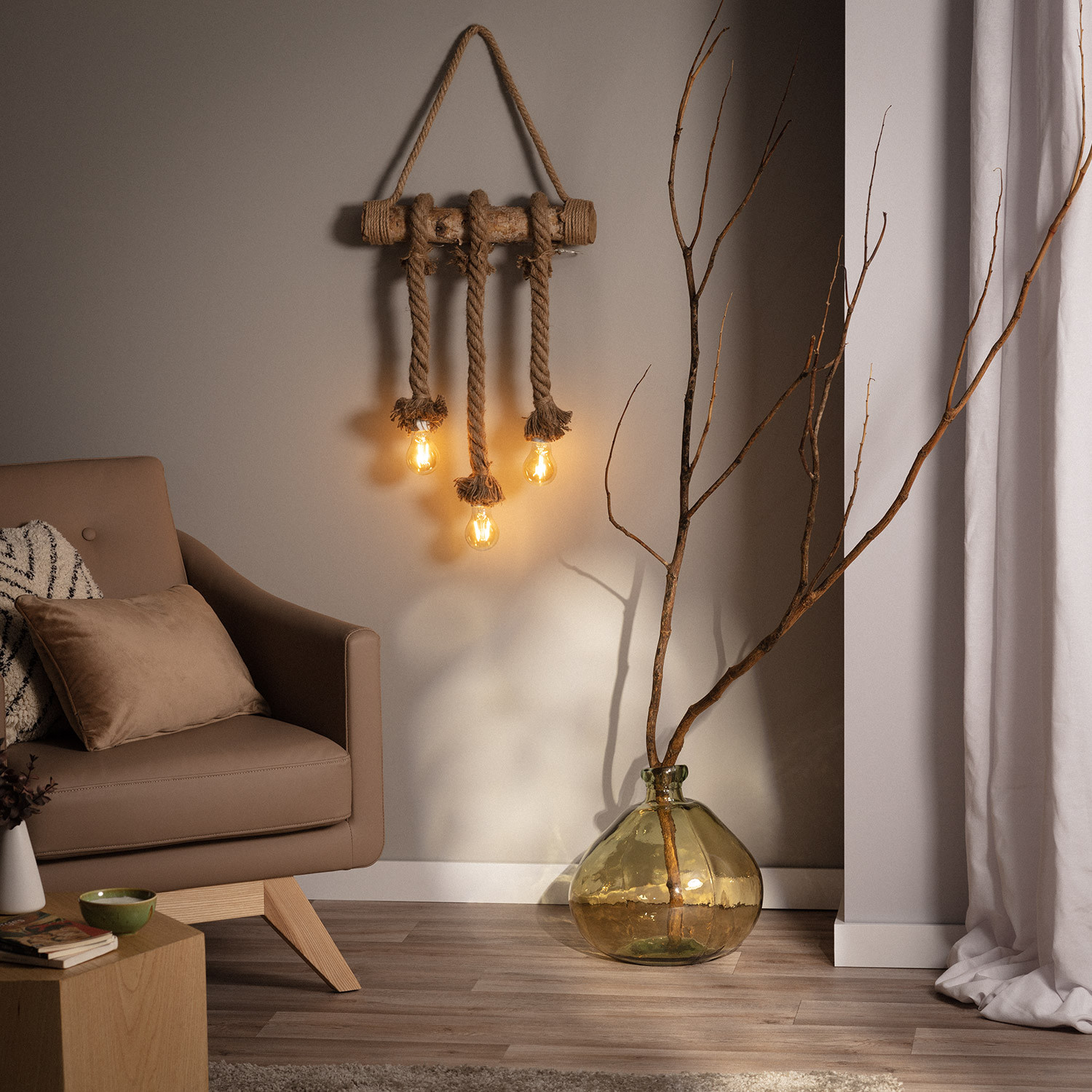 Wirwar Passend Gemaakt van Hanglamp Touw en Hout Kamba LED 3 Lampen - Ledkia