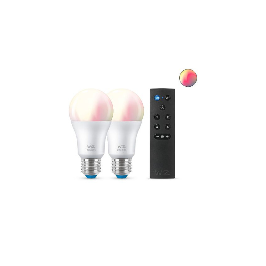 Doos met 2St LED Lampen Smart WiFi + Bluetooth E27 A60 RGB+CCT Dimbaar WIZ 8W met Smart afstandsbediening WiFi WIZ Wizmote