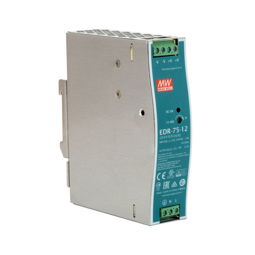 Voeding 12V DC 75W 6.3A  voor DIN Rail MEAN WELL EDR-75-12
