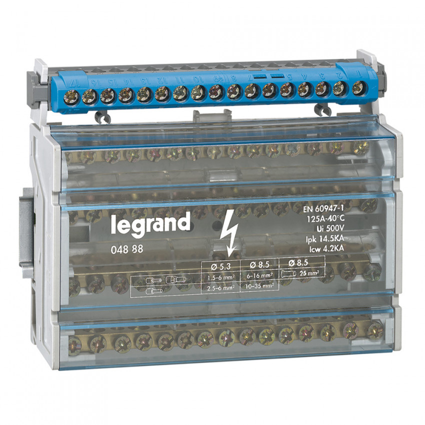 Modulaire verdeelklem - monoblok -4P - 125 A - 15 klemmen  8 modules -LEGRAND 004888