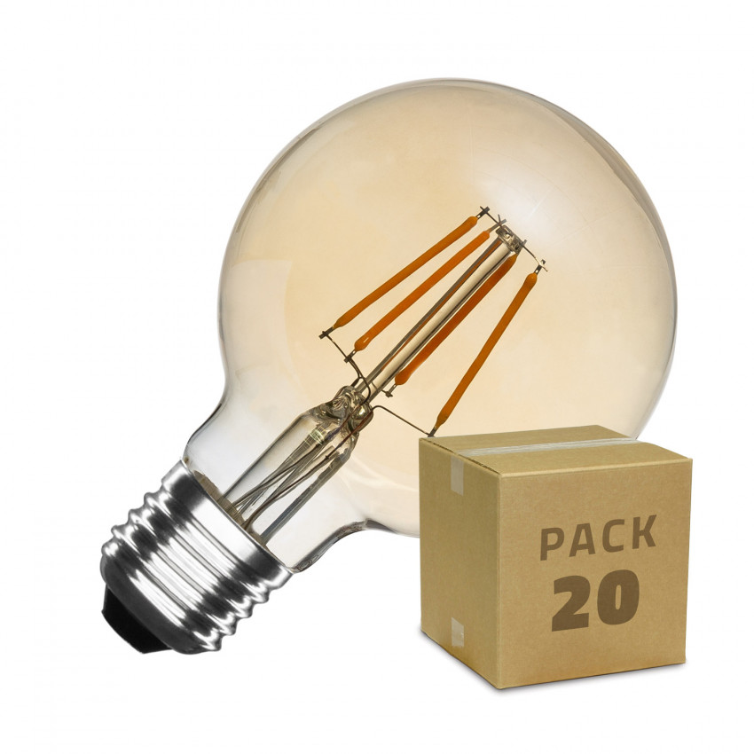 Doos met 20St Dimbare LED Lampen E27 Filament Gold Globe G80 5,5W Warm Wit