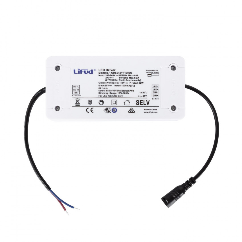 Driver LIFUD Dimbaar 1-10V 220-240V Uitgang 9-42V 1000mA Anti Flikker 42W LF-GDE042YF1000U
