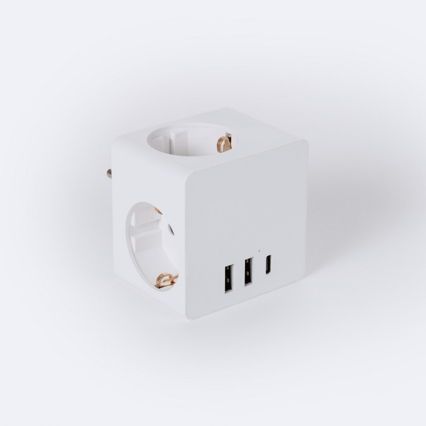 Adapter Stekker Schuko F-type Drievoudige aansluiting 2 USB + 1 USB-C  