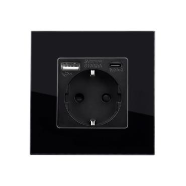 Schuko Contactdoos met 2 USB Poorten type  F met Glazen Frame Modern -Zwart
