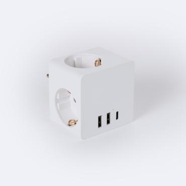 Adapter Stekker Schuko F-type Drievoudige aansluiting 2 USB + 1 USB-C -Wit