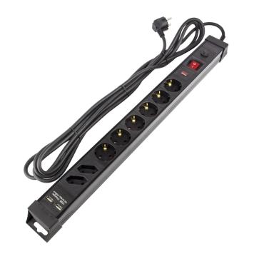 5m stekkerdoos met 8 stopcontacten  + beveiliging + 2x USB poorten -Zwart