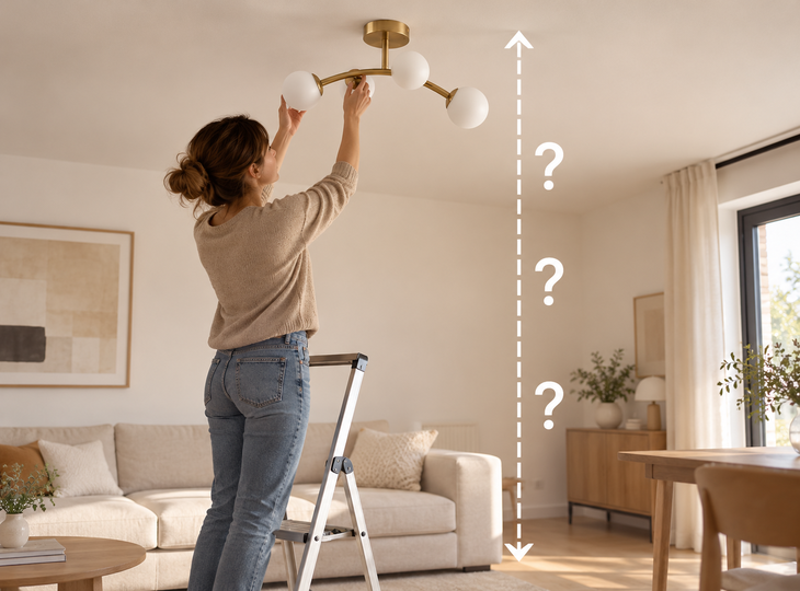 A woman adjusting a ceiling light to the correct height