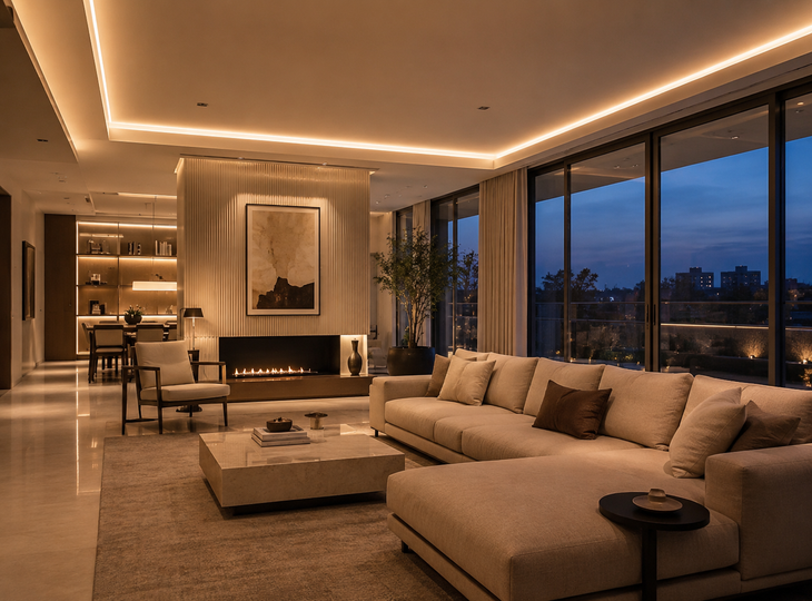 Wohnzimmer mit LED-Leisten beleuchtet