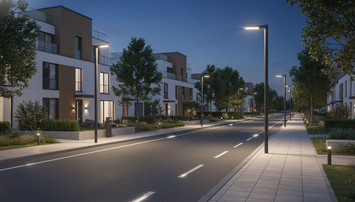 Rue publique éclairée par des lampadaires LED